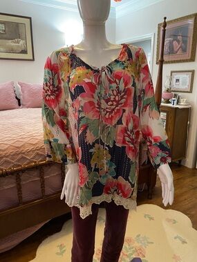 Johnny Was Multicolor Floral Tie-Front Peasant Tunic